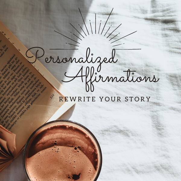 Rewrite your Story Limiting Belief Workbook Personalized Affirmations Rewrite Your Story. Image of cup of coffee with an old book on a piece of fabric on screen behind text.