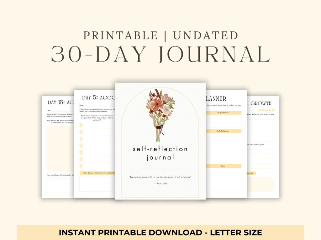 15 printable undated 30 day Self-Reflection journal, images of cover and pages from journal